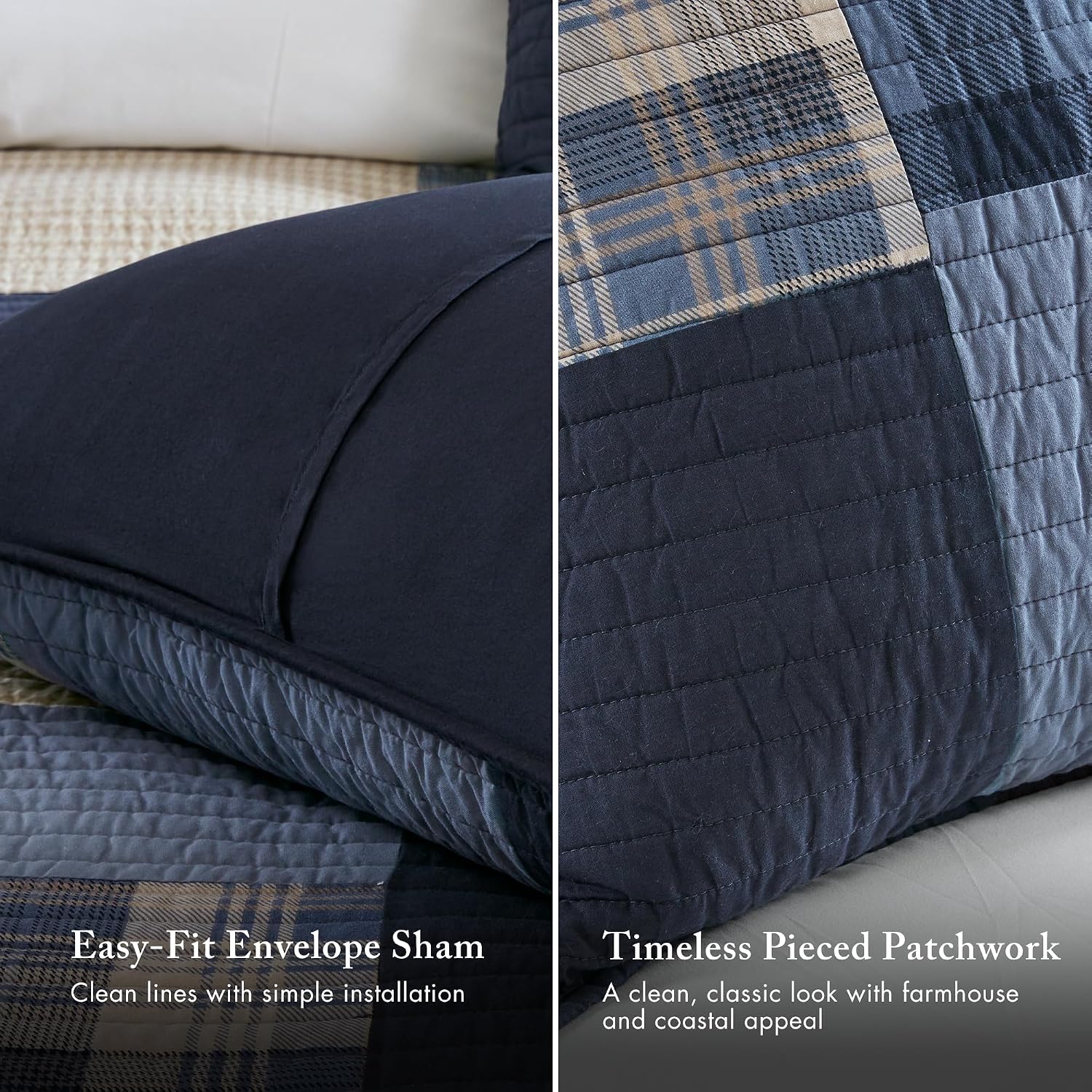 Woolrich Winter Hills Reversible Quilt Set - Cottage Styling Reversed to Solid Color, All Season Lightweight Coverlet, Cozy Bedding Layer, Matching Shams, Oversized Full/Queen, Plaid Blue 3 Piece