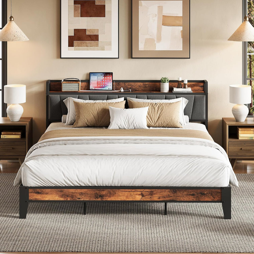 LIKIMIO King Size Bed Frame, Storage Headboard with Charging Station, Solid and Stable, Noise Free, No Box Spring Needed, Easy Assembly