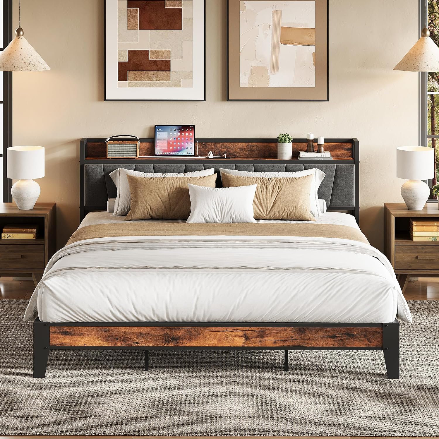 LIKIMIO King Size Bed Frame, Storage Headboard with Charging Station, Solid and Stable, Noise Free, No Box Spring Needed, Easy Assembly