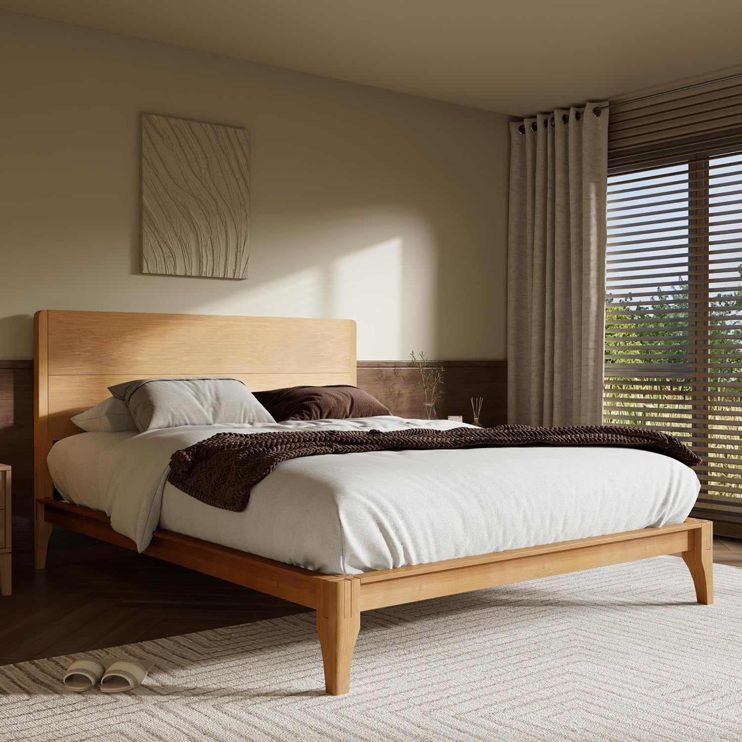 Merax Queen Size Bamboo Platform Bed, Mid-Century Modern Bed Frame with Tall Headboard, Solid Sustainable Bedframe Queen-Size, Wood Slat Support, No Box Spring Needed, Easy Assembly, Natural