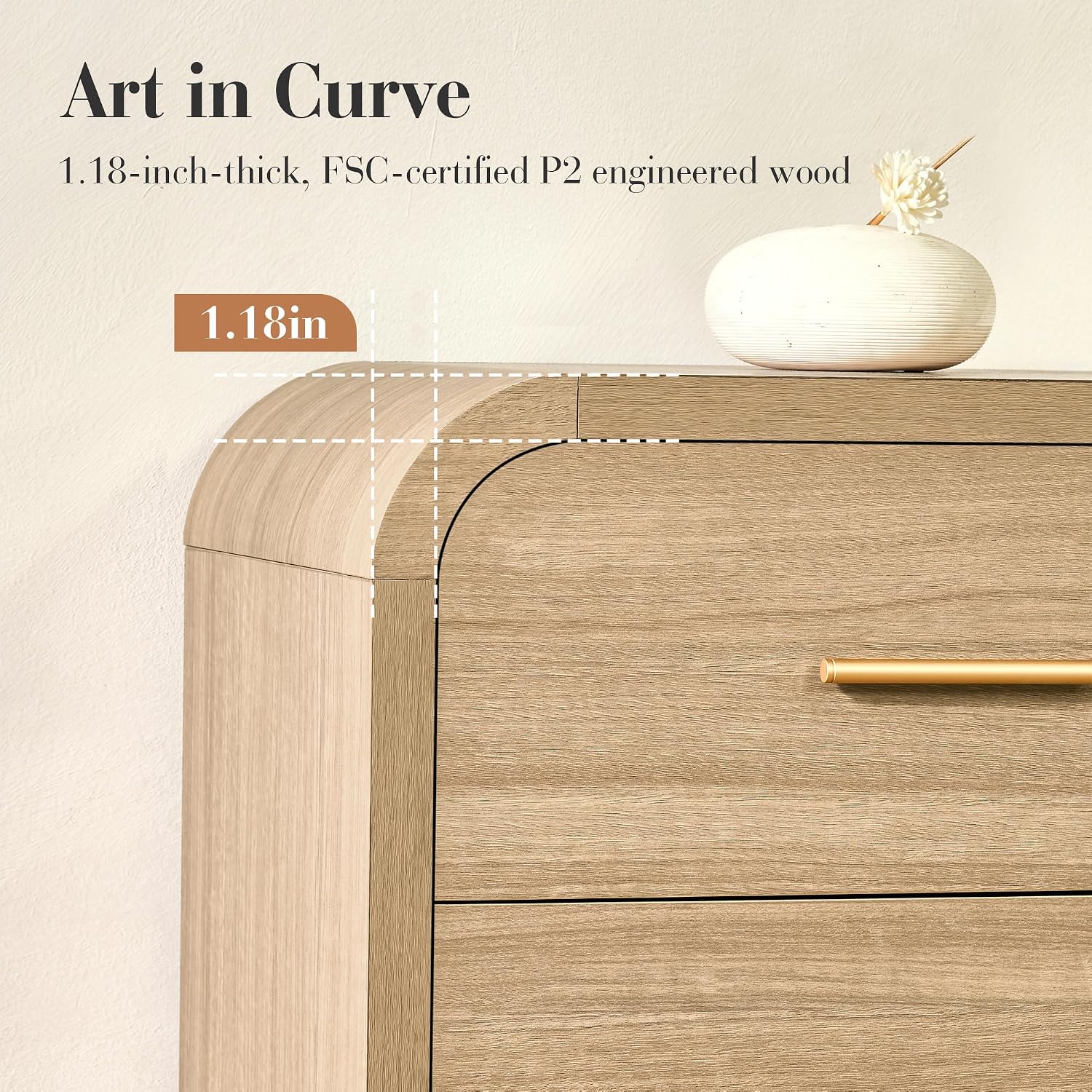 Curved 5-Drawer Dresser for Bedroom, 45.59' Tall Modern Chest of Drawers, Wooden Chest of Drawers for Living Room, Closet Storage Organizer Furniture, Nursery, Hallway, Oak