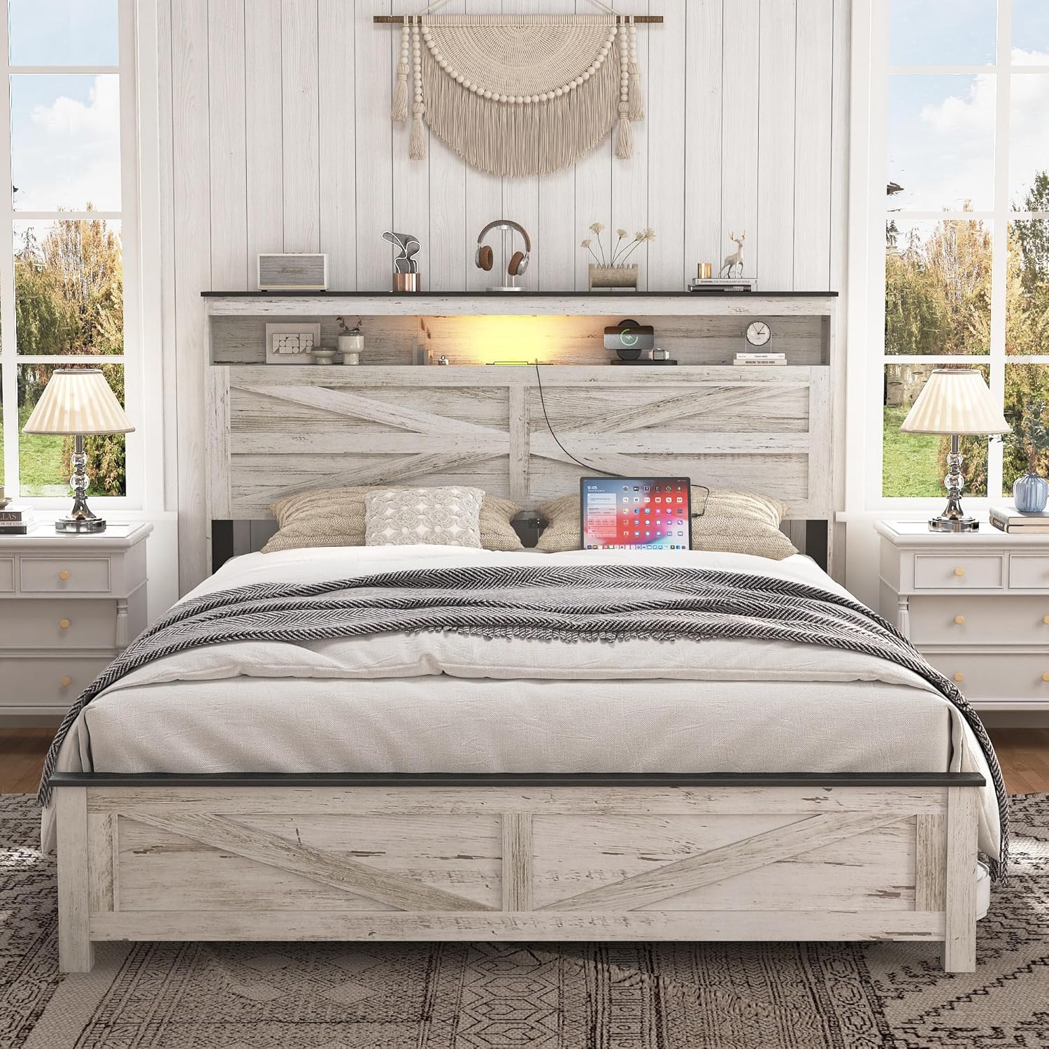 Farmhouse Wooden Bed Frame Queen Size with Storage Headboard, Boho Platform Bedframe with LED Lights and Charging Station, Metal Slats Support, No Box Spring Needed, White