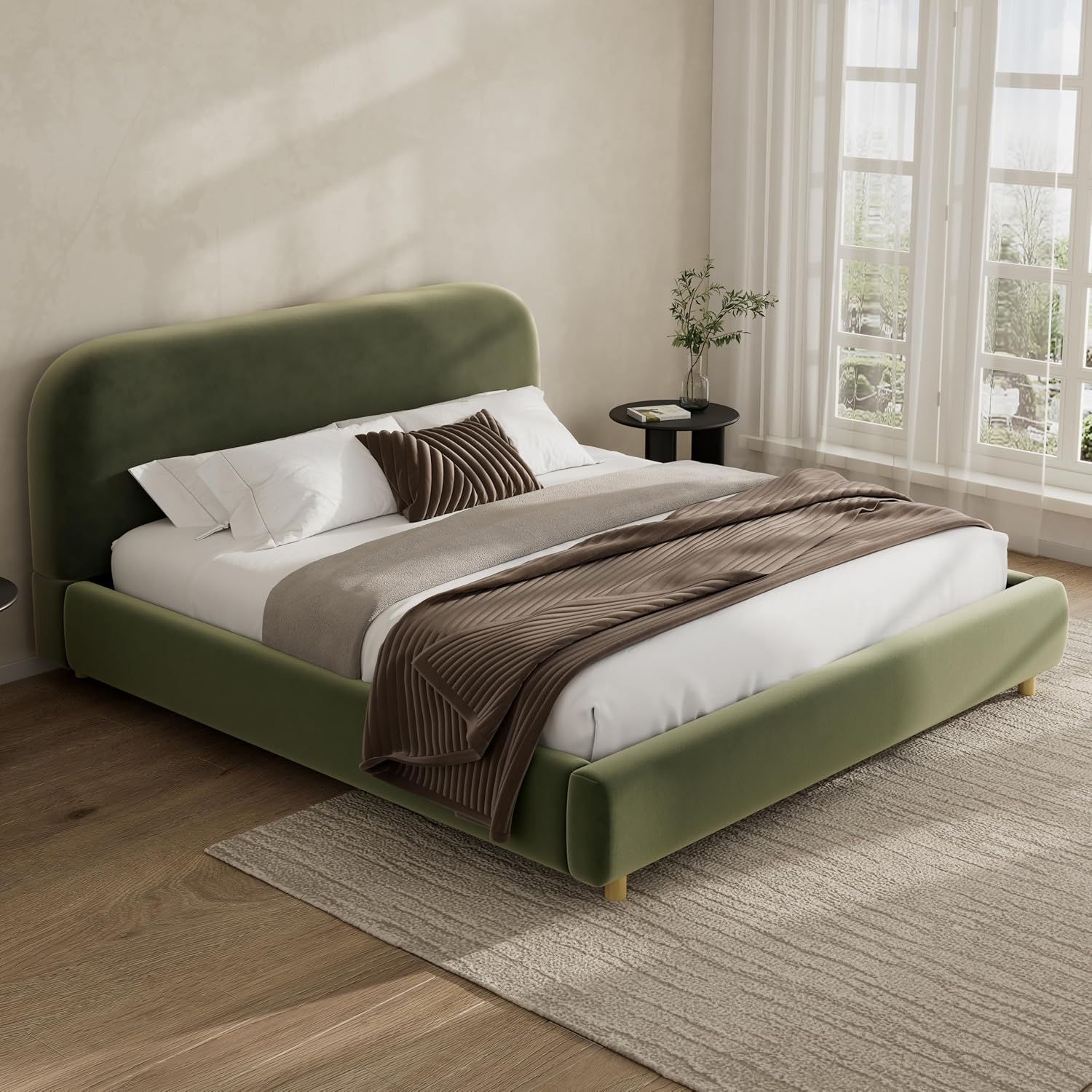 Merax Queen Size Velvet Fabric Upholstered Platform Bed with Curved Shaped Headboard, Wood Bed Frame with Solid Round Legs for Kids Teens Adults, Olive Green