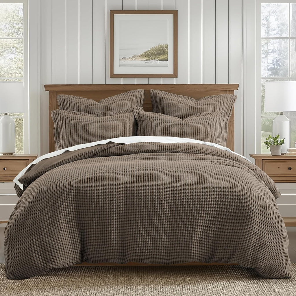 Levtex Home Mills Waffle Queen Duvet Cover Set (90x94in) with 2 Pillow Shams (26x20in) - Latte - 100% Cotton Queen Size Duvet Cover Set - Soft, Pre-Washed