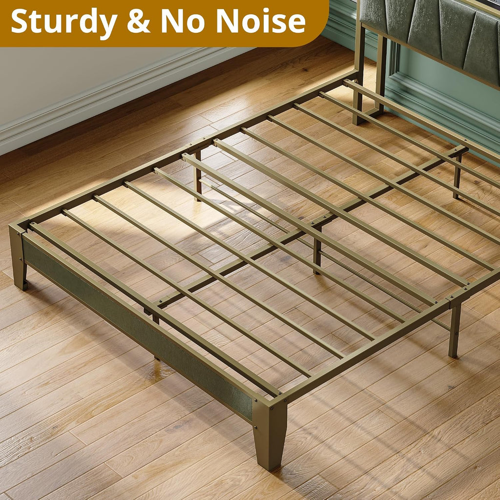 LIKIMIO Queen Bed Frame, Storage Headboard with Charging Station, Solid and Stable, Noise Free, No Box Spring Needed, Easy Assembly (Dark Green)
