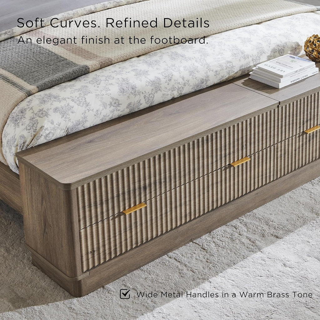T4TREAM Fluted King Size Bed Frame with Wingback Headboard, Footboard Storage Bench with Built-in Drawers & Lift-Up Compartments, Wood & Steel Platform Bed, No Box Spring Needed, Grey Alder