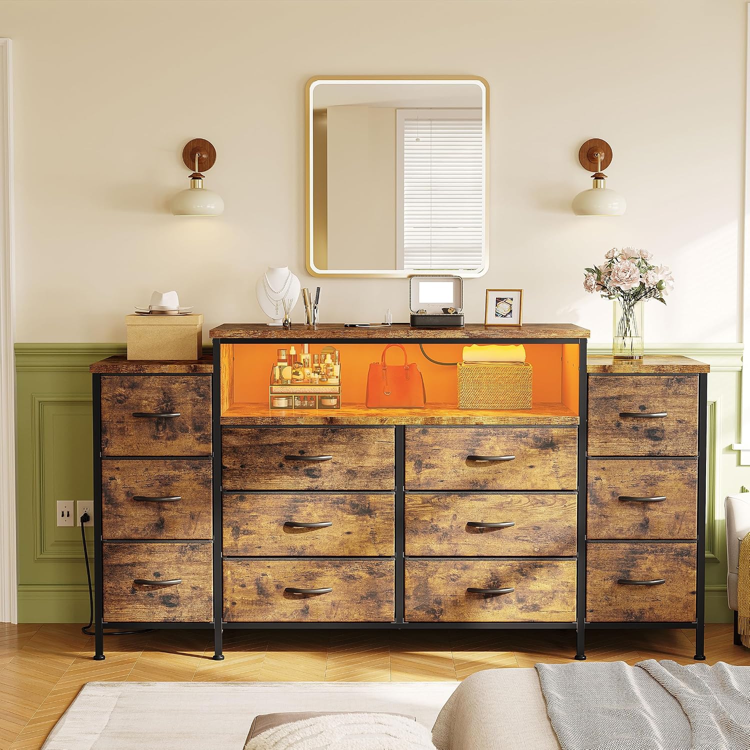 EnHomee 55' W Dresser for Bedroom with LED Lights & Charging Station 12 Drawer Dressers & Chests of Drawers Dresser TV Stand for Bedroom for Hanging 65' TV, Metal Frame & Fabric Drawers, Rustic Brown