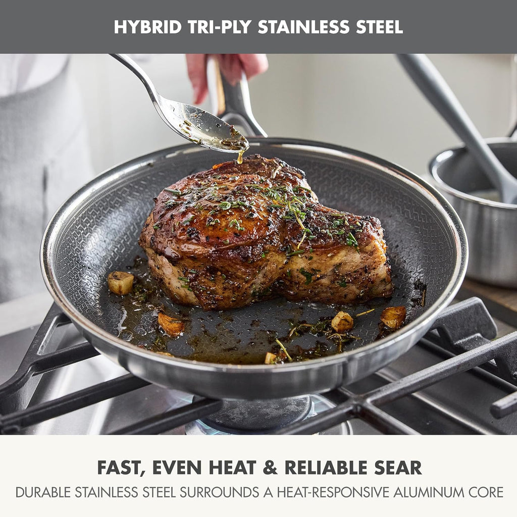 GreenPan Hybrid 8', 10' & 12' Nonstick Stainless Steel Frying Pan Set With Lids, APEX Tri-Ply Thermobond, PFAS-Free, Induction & All Cooktop Compatible, Oven Safe to 850°F. Dishwasher Safe, Silver