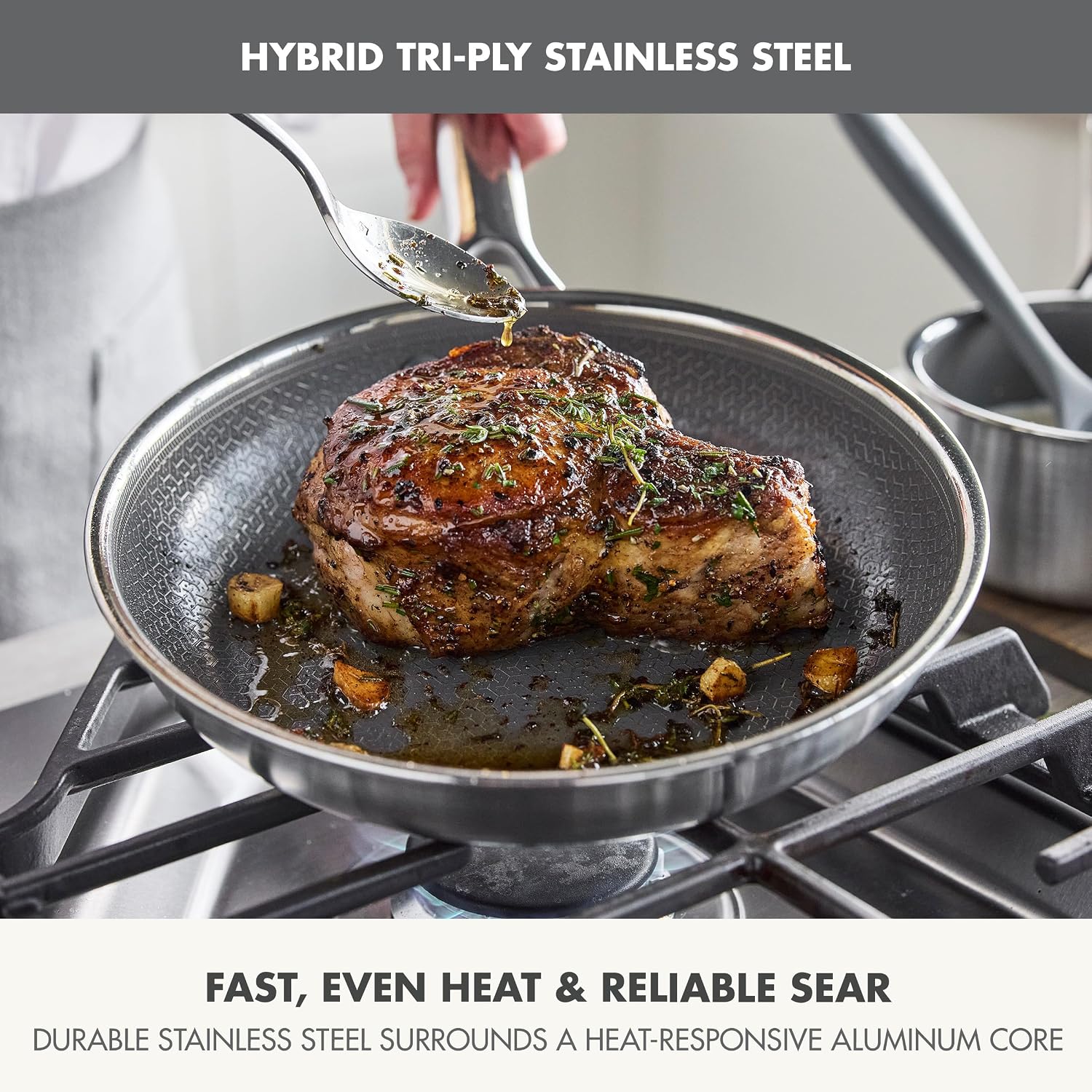GreenPan Hybrid 8', 10' & 12' Nonstick Stainless Steel Frying Pan Set With Lids, APEX Tri-Ply Thermobond, PFAS-Free, Induction & All Cooktop Compatible, Oven Safe to 850°F. Dishwasher Safe, Silver