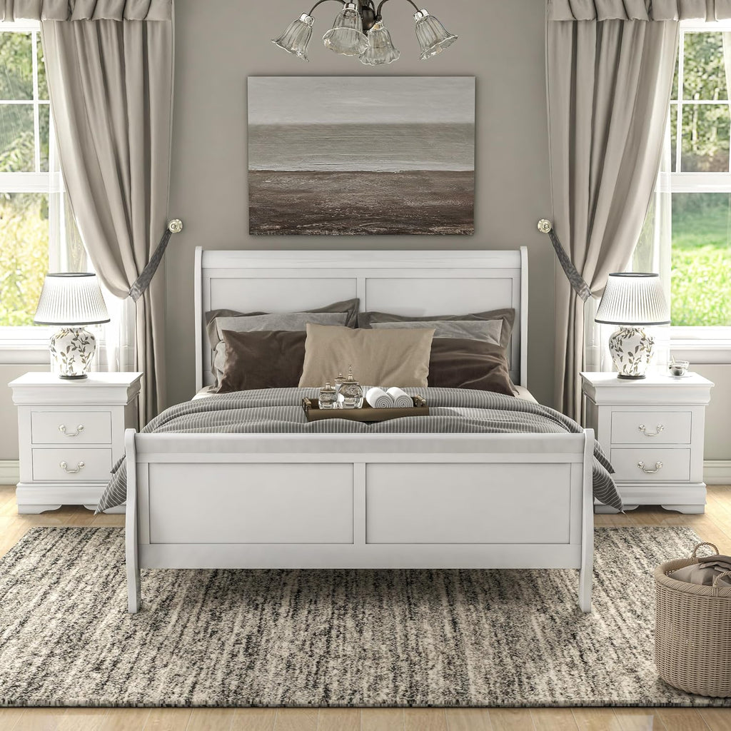 Furniture of America Louis Philippe Traditional Solid Wood 3 Piece Bedroom Set, King Bed Frame and Nightstands Set of 2, Sleigh Design Bedframe with Headboard and Footboard, Box Spring Needed, White