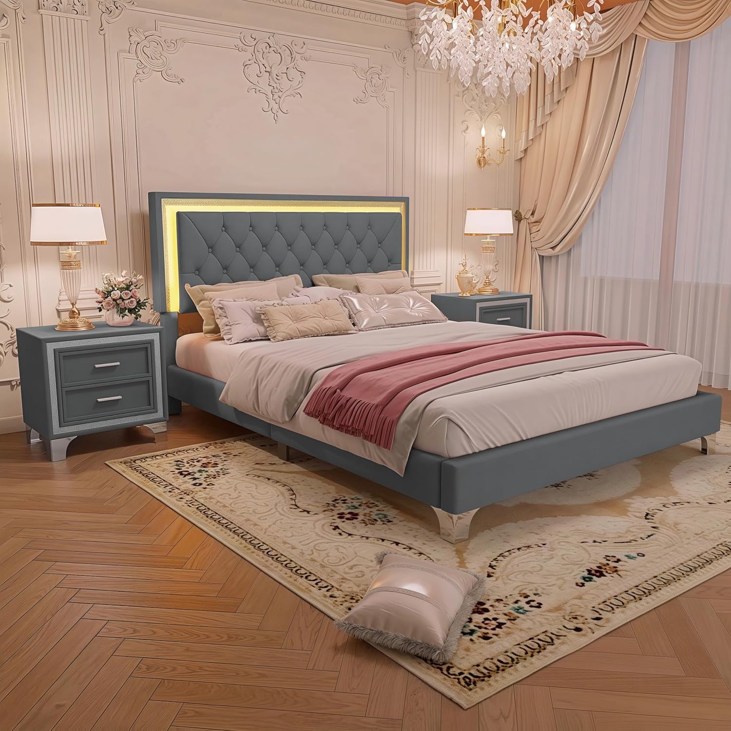 Flieks Bedroom Sets, 3-Pieces Bedroom Sets, Queen Size Upholstered Platform Bed with LED Lights and 2 Nightstands, Gray