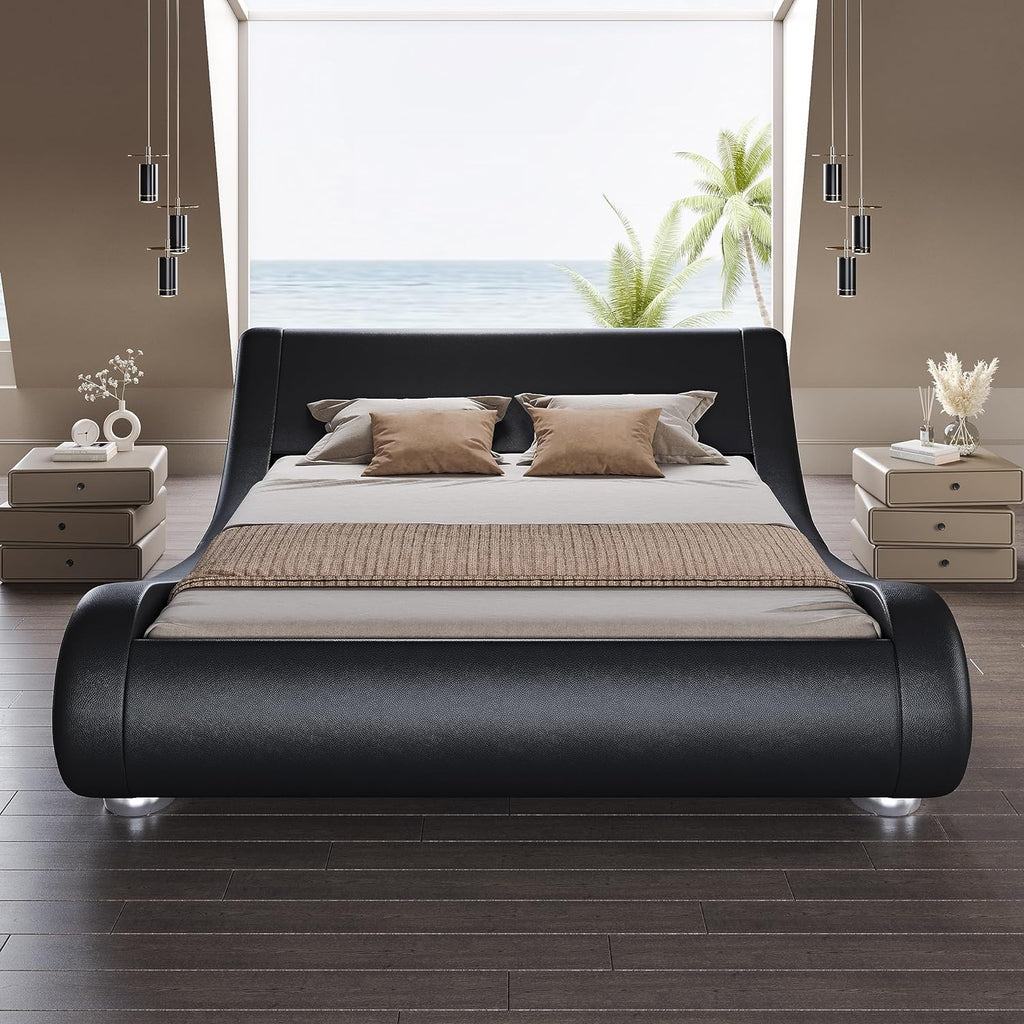 SHA CERLIN Queen Size Upholstered Bed Frame, Deluxe Low Profile Sleigh Bed with Faux Leather Ergonomics Headboard, No Box Spring Needed & Easy Assembly, Black
