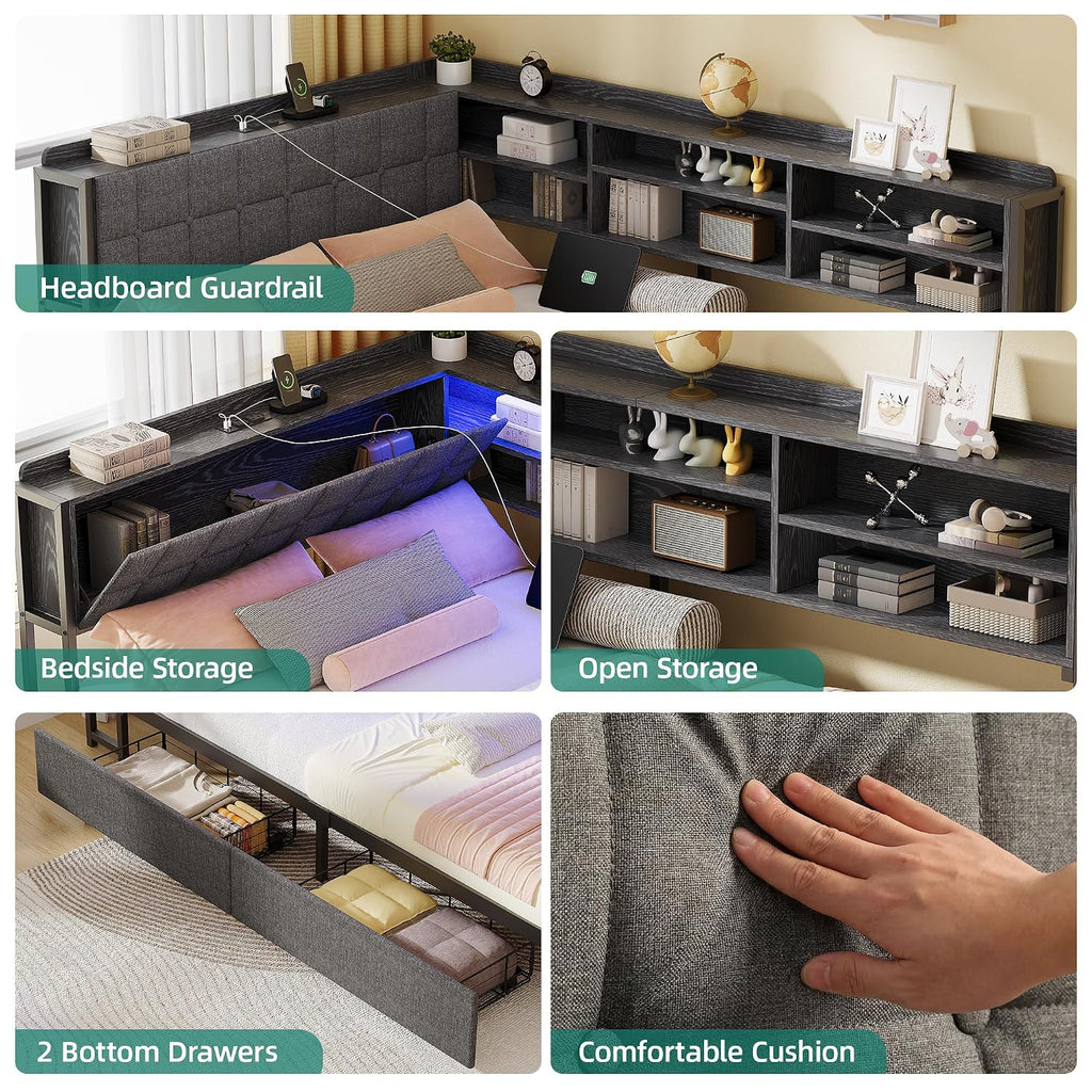 Full Corner Bed Frame with Storage Drawers and Bookcase & Flip-up Storage Headboard, Full Size Platform Corner Bed Frame with Charging Station and LED Lights, Full Daybed for Dorm or Guests, Grey