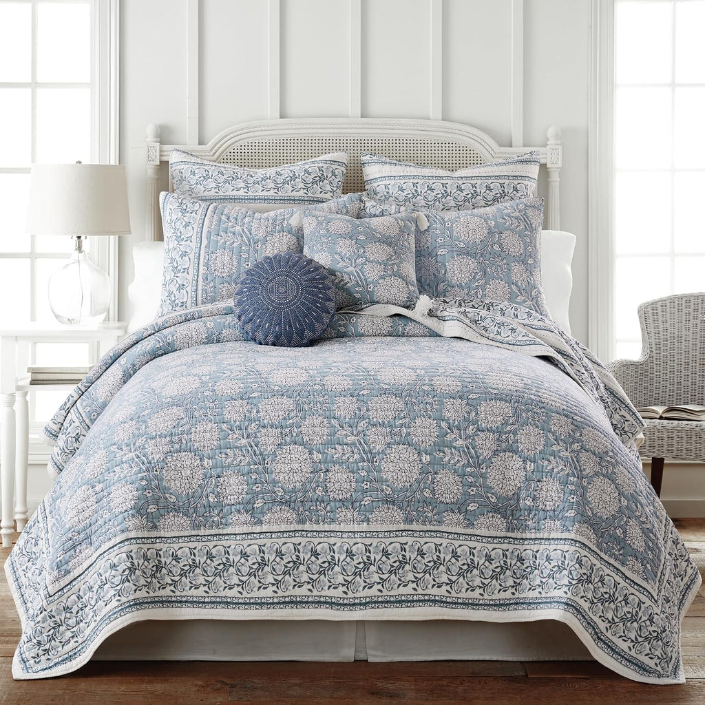 Levtex Home Adare Blue Reversible Full/Queen Quilt Set (88x92in) with 2 Pillow Shams (26x20in) - Floral Bedding - Blue White - Cotton Full/Queen Size Quilt Bedding Set - Lightweight, Soft, Pre-Washed