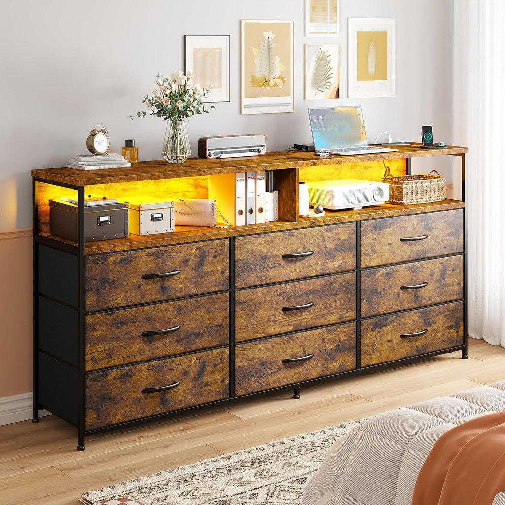EnHomee 55' W Dresser for Bedroom with Charging Station & LED, 65/55 Inch TV Stand with 9 Fabric Drawers, Sturdy Dressers & Chest of Drawers with 2 Wood Storage Open Shelves,Entryway, Rustic Brown