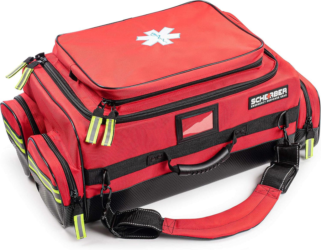 Scherber Fully Stocked First Responder Ultimate Professional EMT/EMS Trauma Kit | HSA/FSA Approved | w/10+ Compartments, Zippered Pockets, Dividers, Oxygen Access & 260+ First Aid Supplies (Red)