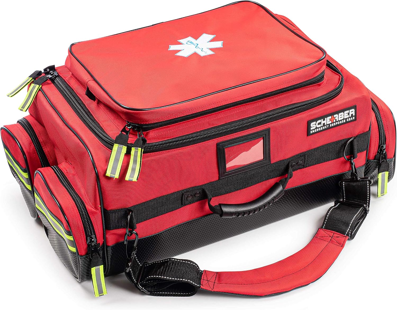 Scherber Fully Stocked First Responder Ultimate Professional EMT/EMS Trauma Kit | HSA/FSA Approved | w/10+ Compartments, Zippered Pockets, Dividers, Oxygen Access & 260+ First Aid Supplies (Red)