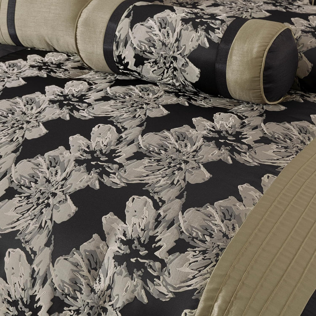Chezmoi Collection Kelsey Comforter Set King Size, 7-Piece Black Gold Hibiscus Floral Jacquard Bedding Set