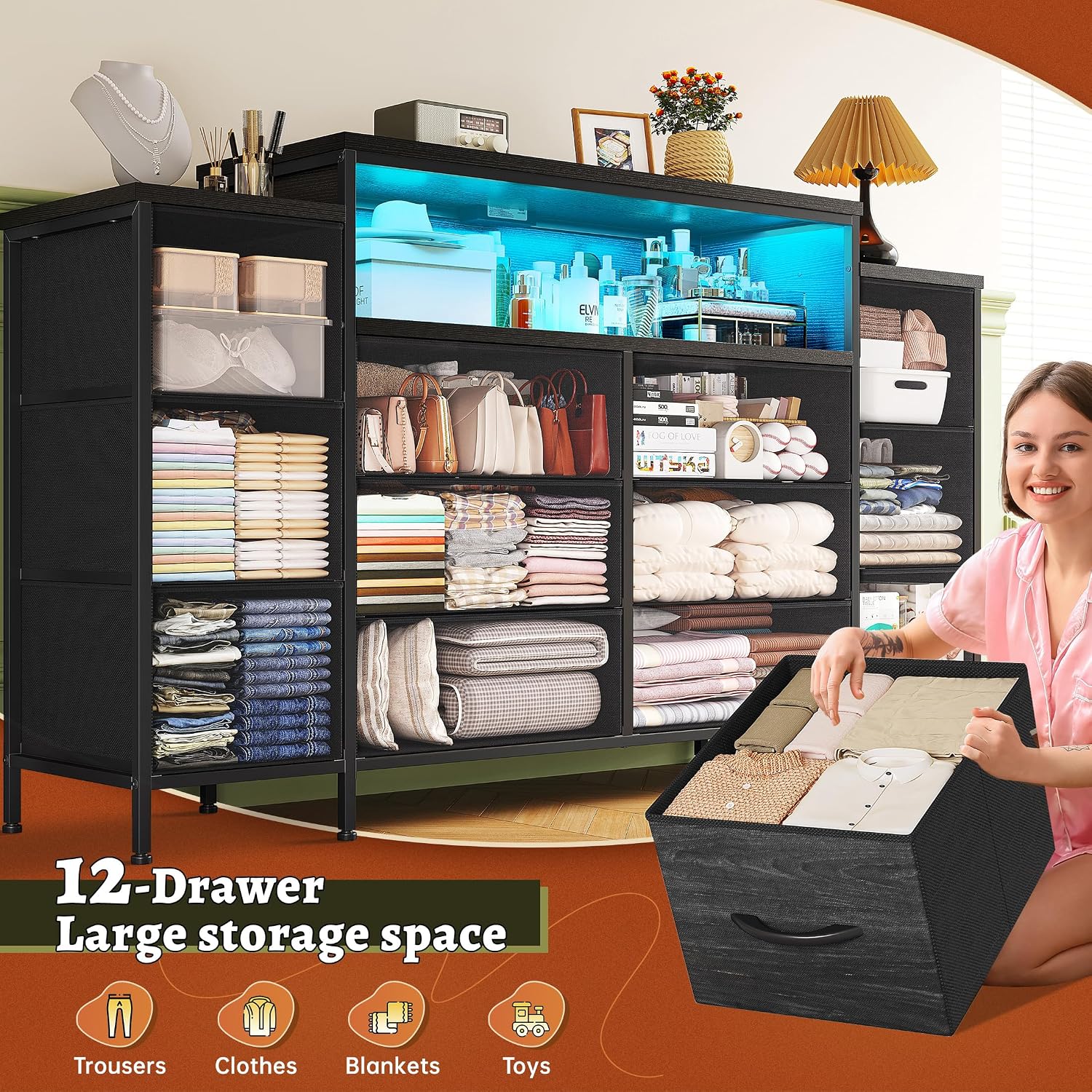 EnHomee 55' W Dresser for Bedroom with LED Lights & Charging Station 12 Drawer Dressers & Chests of Drawers Dresser TV Stand for Bedroom for Hanging 65' TV, Metal Frame & Fabric Drawers, Black