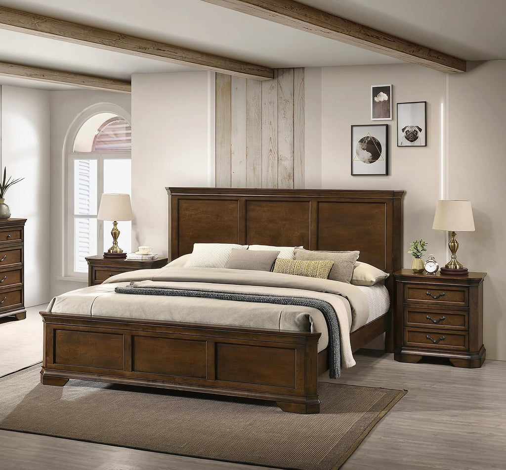 Roundhill Furniture Maderne 3-Piece Bedroom Set with Queen Size Panel Bed and Two Nightstands, Antique Walnut Finish