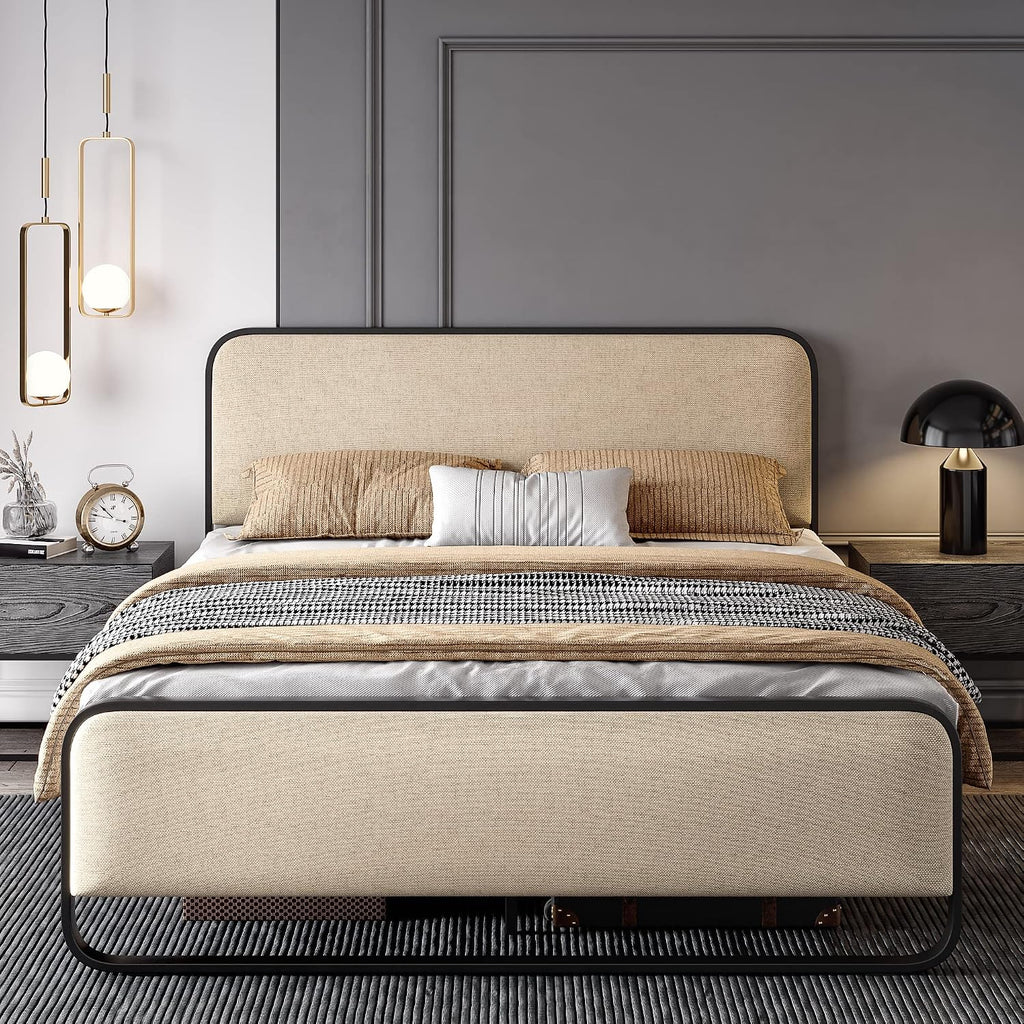 SHA CERLIN Full Size Platform Metal Bed Frame with Curved Upholstered Headboard and Footboard, Large Under Bed Storage, No Box Spring Needed, Modern, Beige