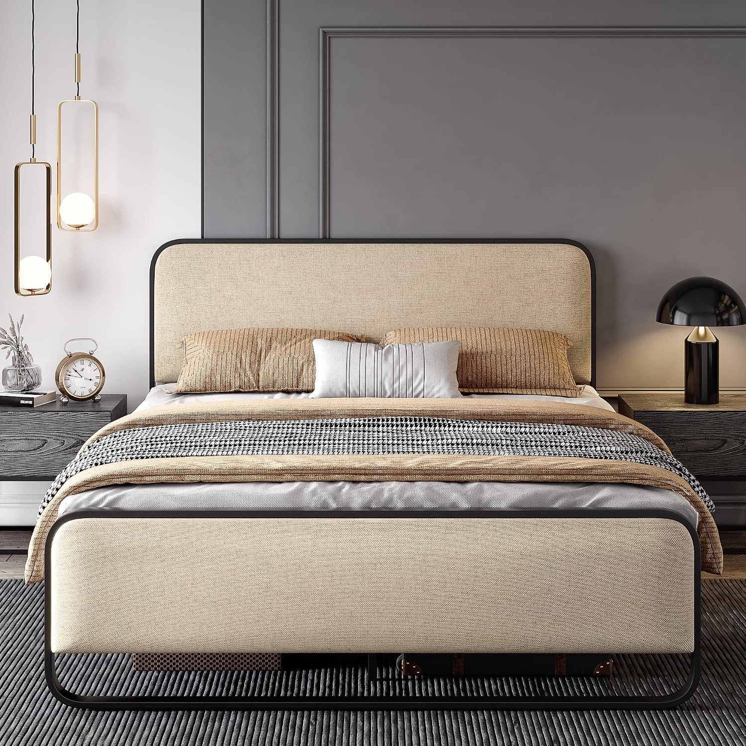 SHA CERLIN Full Size Platform Metal Bed Frame with Curved Upholstered Headboard and Footboard, Large Under Bed Storage, No Box Spring Needed, Modern, Beige