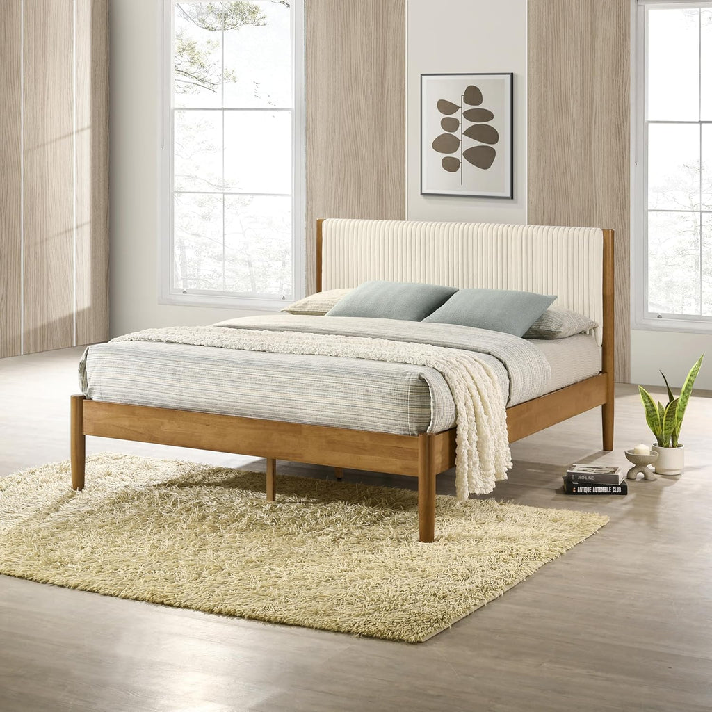 Roundhill Furniture Vichy 5-Piece Rubberwood Bedroom Set with Textured Polyester Upholstered Queen Bed, Chest, Dresser, Mirror, and 2 Nightstands