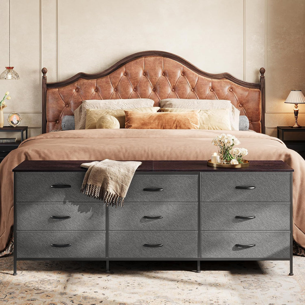 Huuger 63 Inch Dresser for Bedroom, Dresser for Closet with 9 Fabric Drawers, Large TV Stand for 55, 65, 70 Inch TV, Entertainment Center with Storage, Wide Long Chest of Drawers, Walnut and Dark Grey