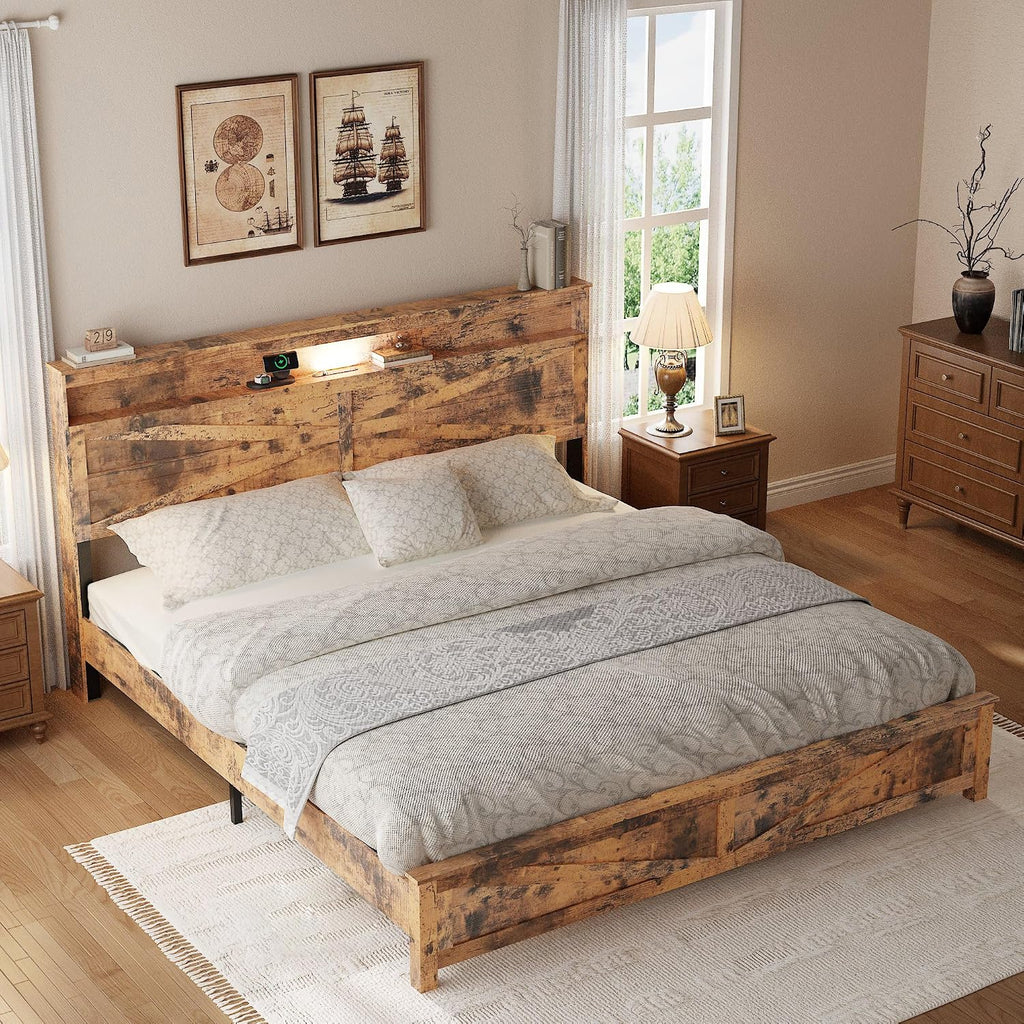 Farmhouse Wooden Bed Frame Queen Size with Storage Headboard, Boho Platform Bedframe with LED Lights and Charging Station, Metal Slats Support, No Box Spring Needed, Brown