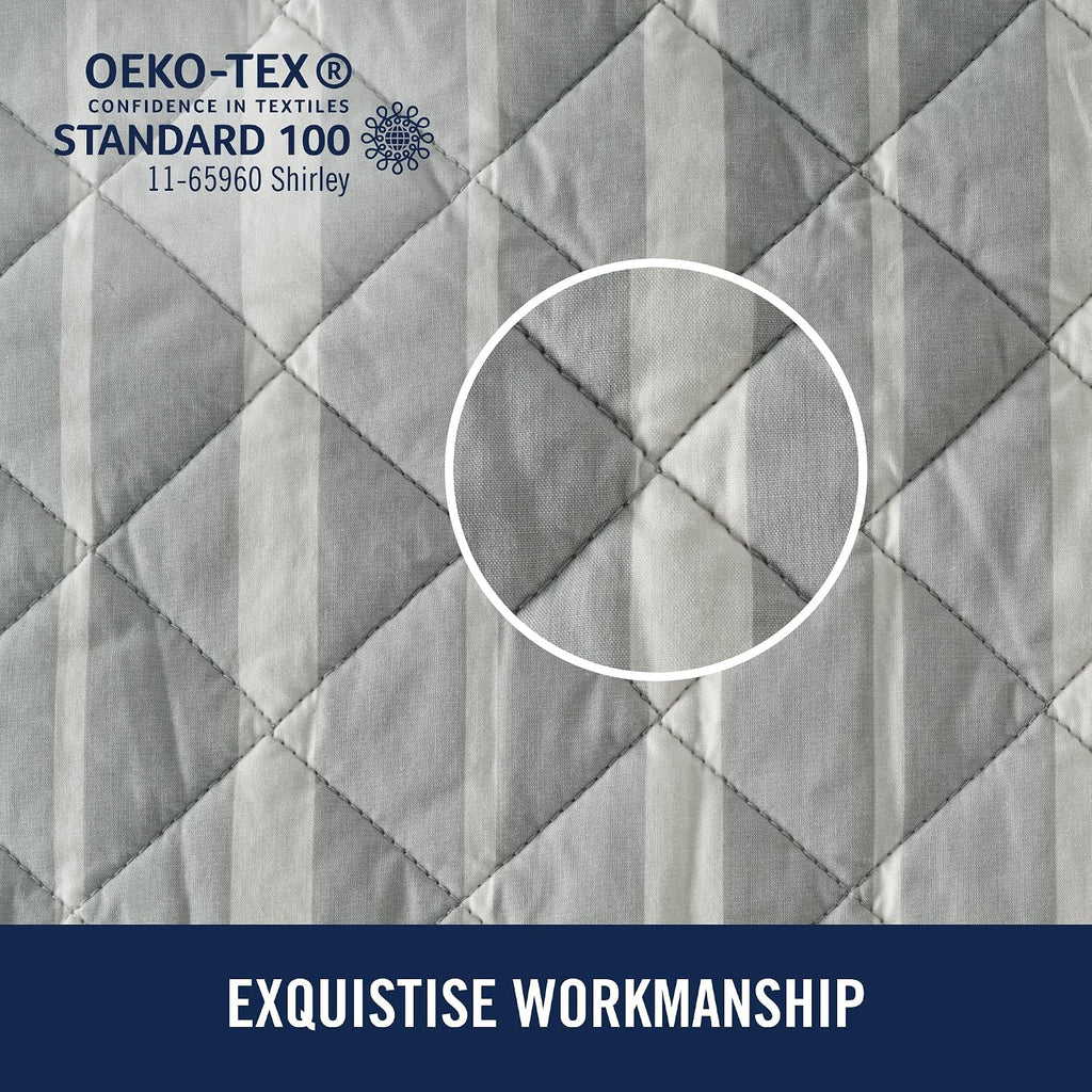 Izod 100% Cotton Percale Pre-Washed Quilt Set, Ultra-Soft & Reversible Bedding, Full/Queen Size Sheet, Wrinkle-Resistant 3-Pc Cotton Bedspread w/Matching Shams, All-Season Comfort - Grey Stripe