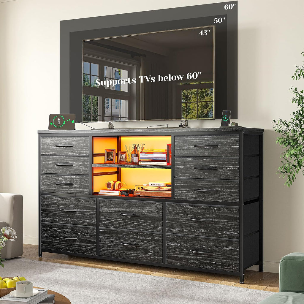 EnHomee 12 Drawers Dresser for Bedroom with LED Lights &Charging Station, TV Stand for 55/60'' TV, Fabric Dressers & Chests of Drawers with 3 Wooden Shelves for Hallway,Sturdy,Grain Black