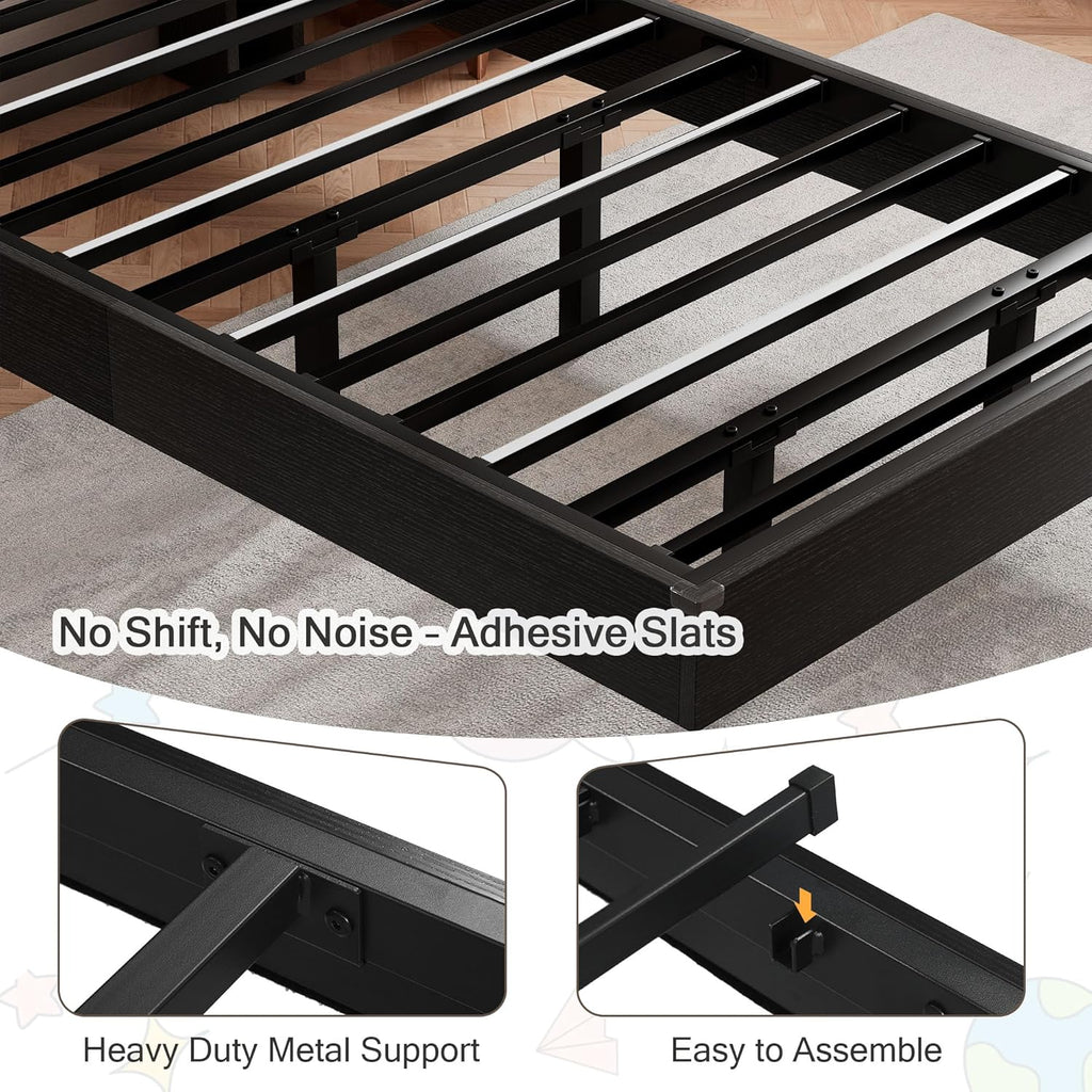 Einhomn Twin Bed Frames with LED Lights and Charging Station - Wood Floating Bed Frame with Storage Headboard, Adhesive Slats, Kick-Free & Noise-Free Design, Easy Assembly, Black