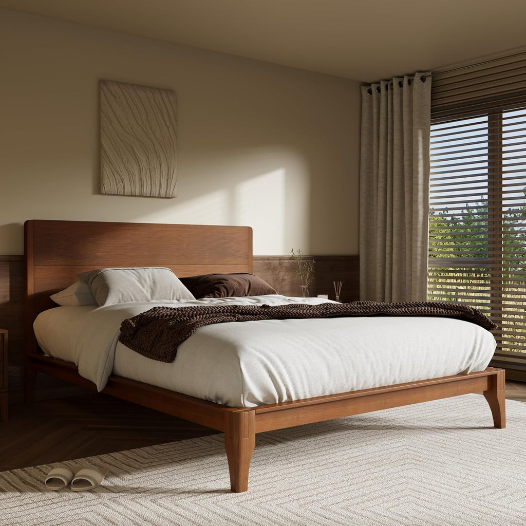 Merax Full Size Bamboo Platform Bed, Mid-Century Modern Bed Frame with Tall Headboard, Solid Sustainable Bedframe Full-Size, Wood Slat Support, No Box Spring Needed, Easy Assembly, Noise Free, Brown