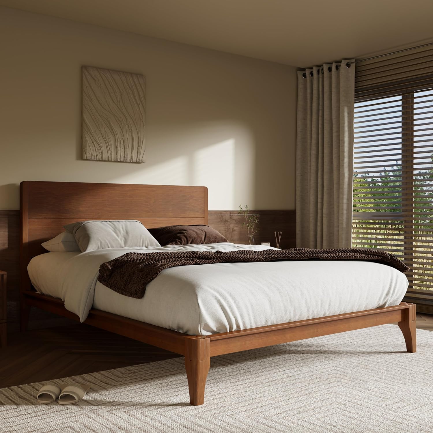 Merax Full Size Bamboo Platform Bed, Mid-Century Modern Bed Frame with Tall Headboard, Solid Sustainable Bedframe Full-Size, Wood Slat Support, No Box Spring Needed, Easy Assembly, Noise Free, Brown