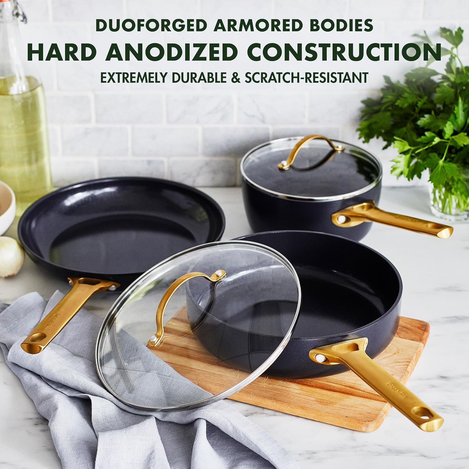 GreenPan 5 Piece Set Cookware Pots and Pans Set, Ceramic Nonstick PFAS-Free, Hard Anodized, Frypan Saucepan Saute Pan with Lids, Gold-Tone Stainless Steel Handles, Dishwasher Safe, Black