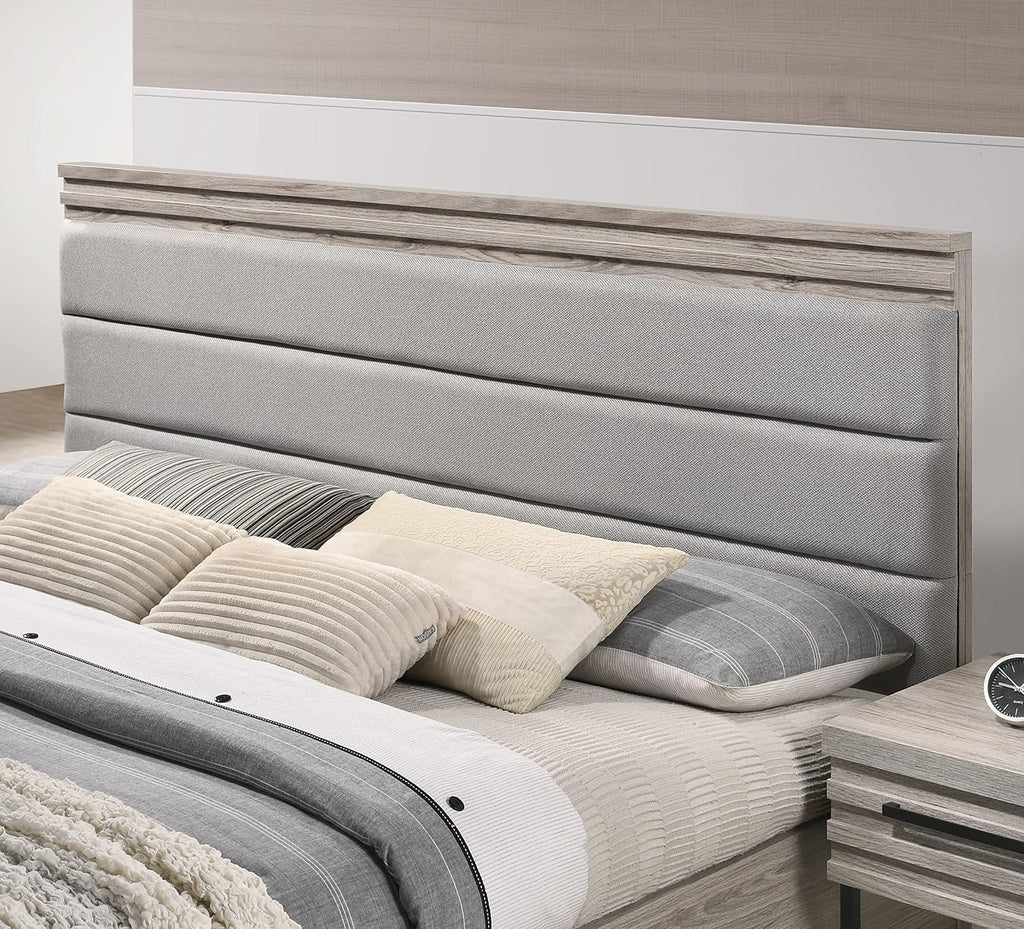 Roundhill Furniture Alvear Upholstered Wood Panel Bed, Dresser, Mirror, 2 Nightstands, and Chest, King, Weathered Gray