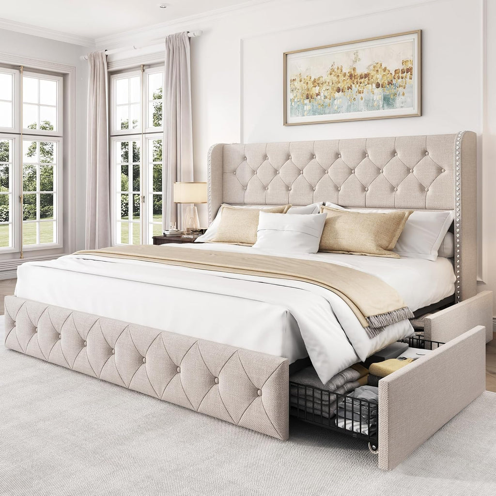 LARMACE King Size Bed Frame with 4 Storage Drawers and 47.2' Tall Tufted Headboard Linen Upholstered Platform Bed Frame Wingback Beds with Wooden Slats Support, Easy Assembly, Beige