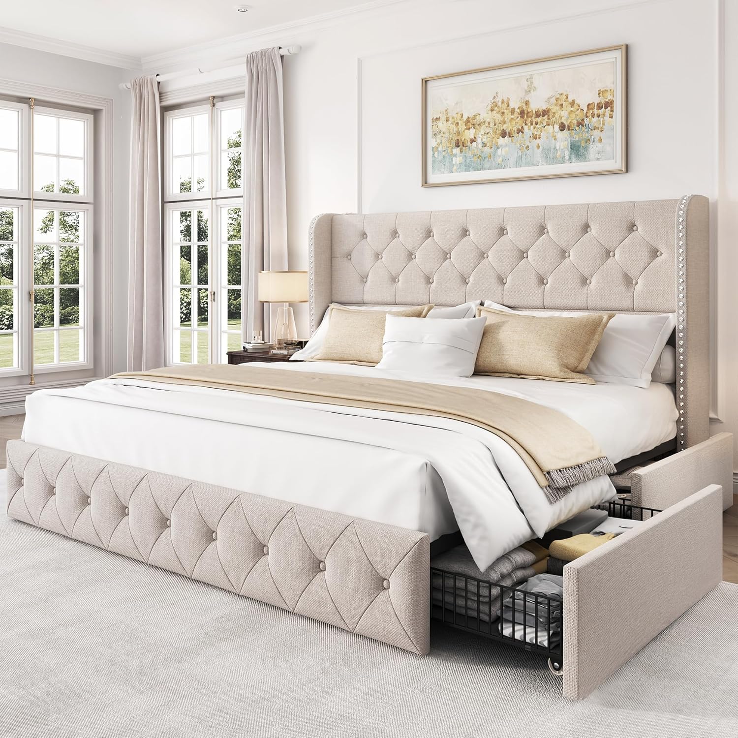 LARMACE King Size Bed Frame with 4 Storage Drawers and 47.2' Tall Tufted Headboard Linen Upholstered Platform Bed Frame Wingback Beds with Wooden Slats Support, Easy Assembly, Beige