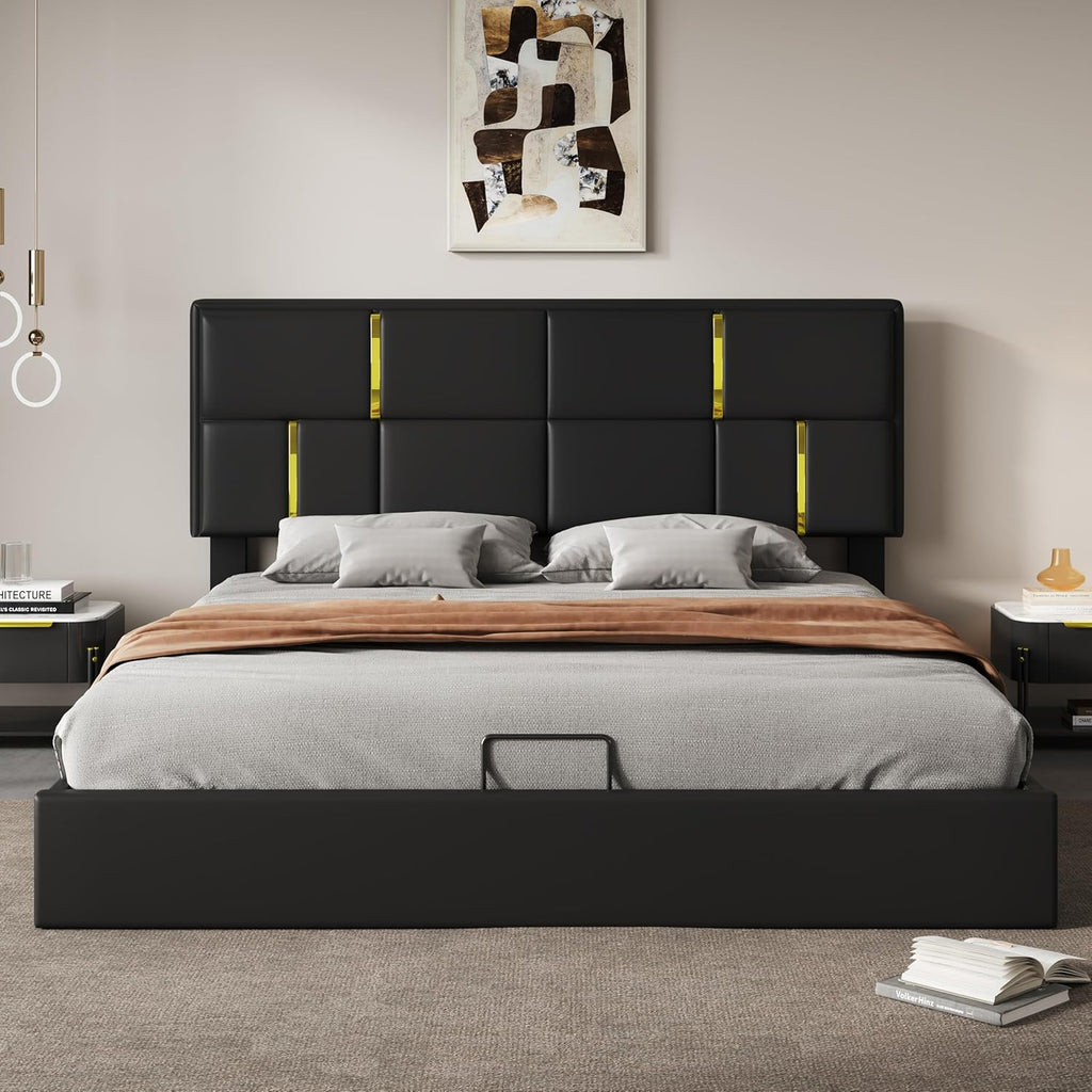 JIJIWANG Queen Size Upholstered Platform Bed with Hydraulic Storage System,Velvet Bed Frame with Headboardqueen Bed Brame with Storage No Box Spring Needed,Black