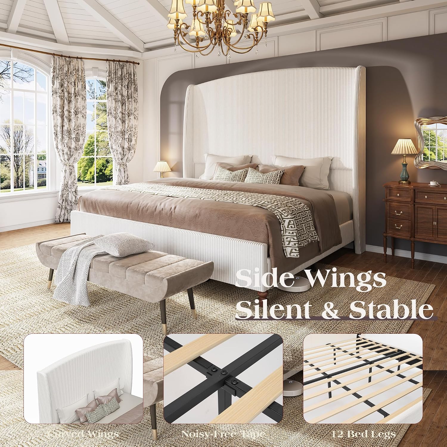 65.7' Tall Headboard Queen Size Upholstered Bed Frame with Wingback, Soft Washable Corduroy Beds Cover, Solid Wood Legs, Noise-Free, No Box Spring Needed, Cream