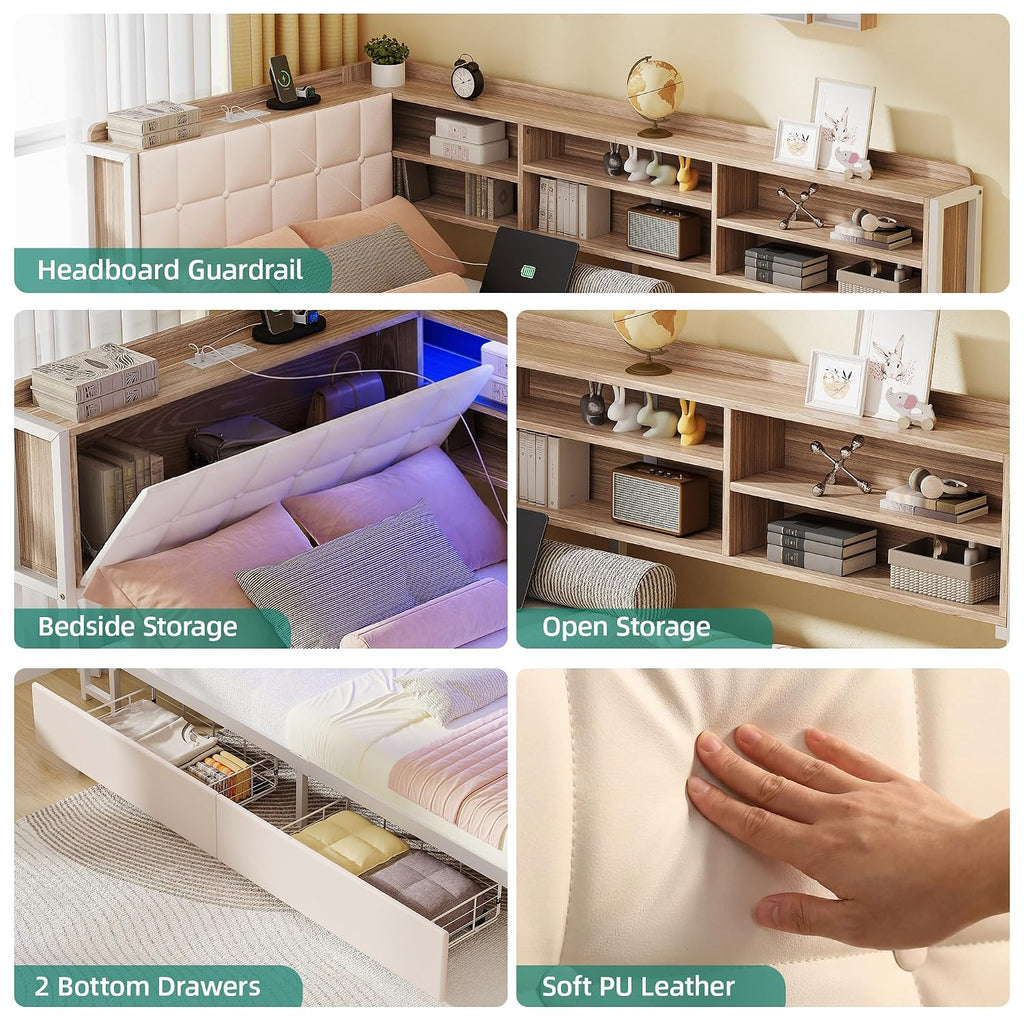 Twin Corner Bed Frame with Storage Drawers and Bookcase & Flip-up Storage Headboard, Twin Size Platform Corner Bed Frame with Charging Station and LED Lights, Twin Daybed for Dorm or Guests, Beige