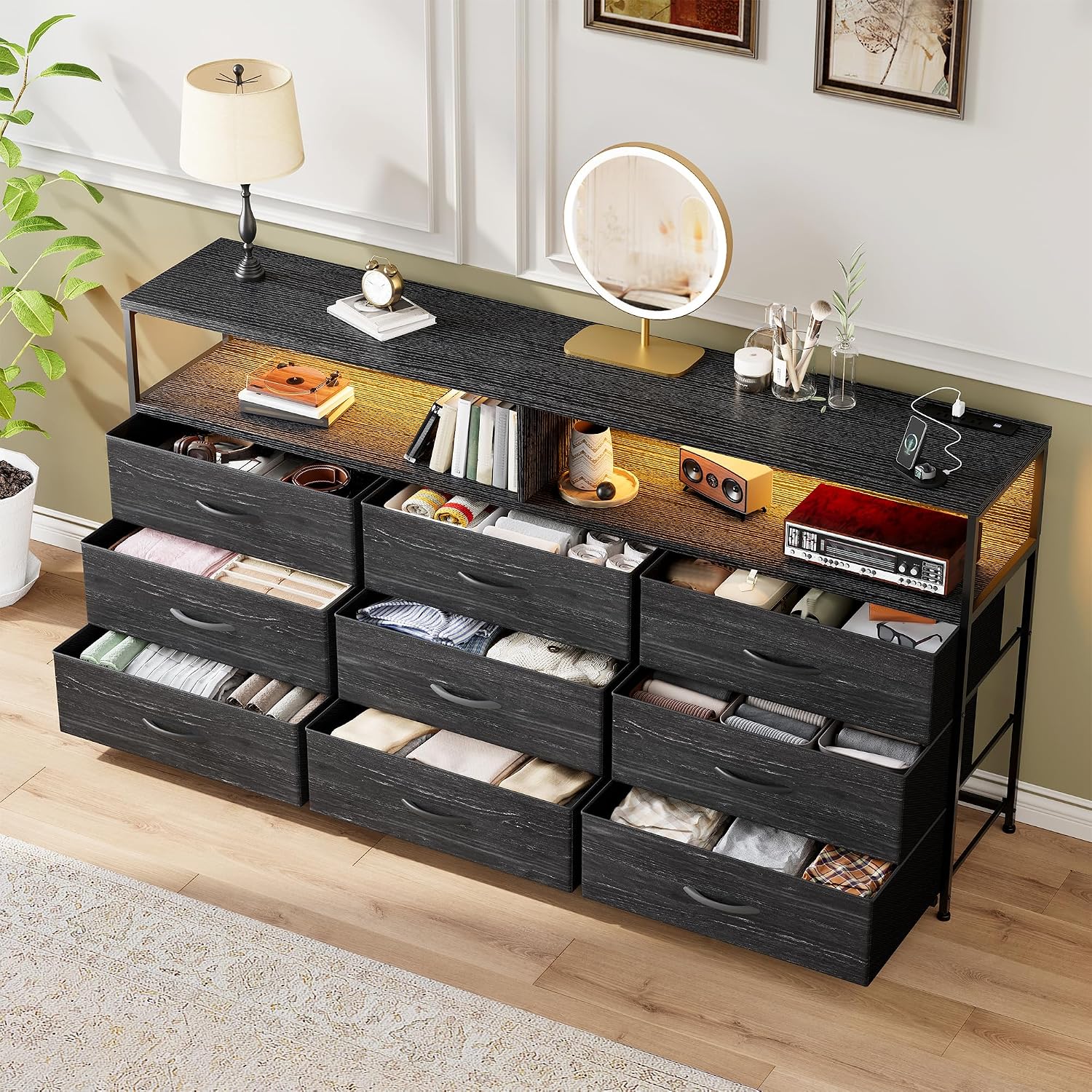 55'W Dresser for Bedroom with Charging Station & LED Light, 65/55/50 Inch TV Stand with 9 Fabric Drawers, Sturdy Dressers & Chest of Drawers with 2 Wood Open Shelves,Metal Frame,Black Oak Wood Look