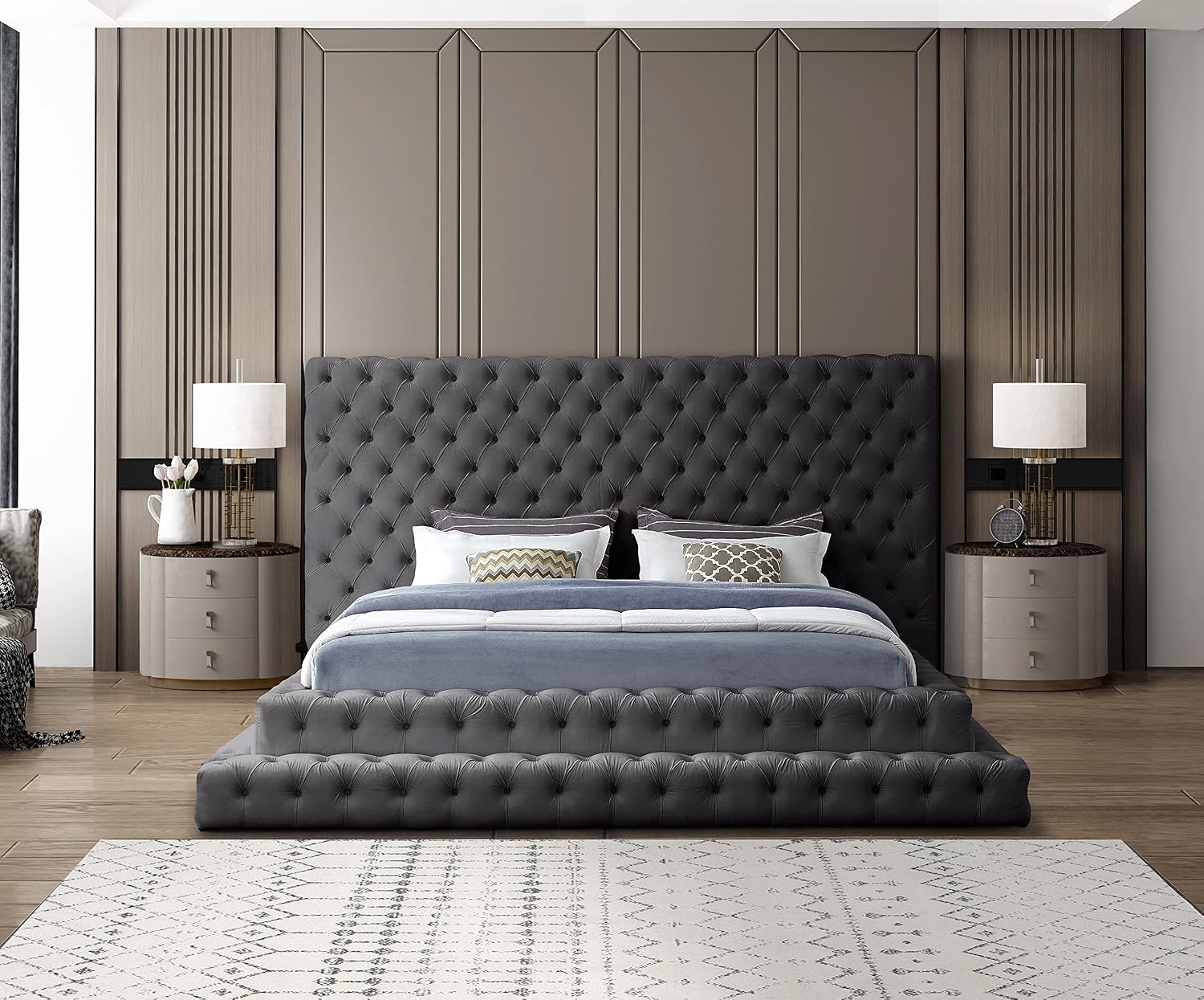 Meridian Furniture RevelGrey-K Revel Collection Modern | Contemporary Grey Velvet Upholstered Bed with Deep Button Tufting, 101' W x 98' D x 60' H, Grey, King