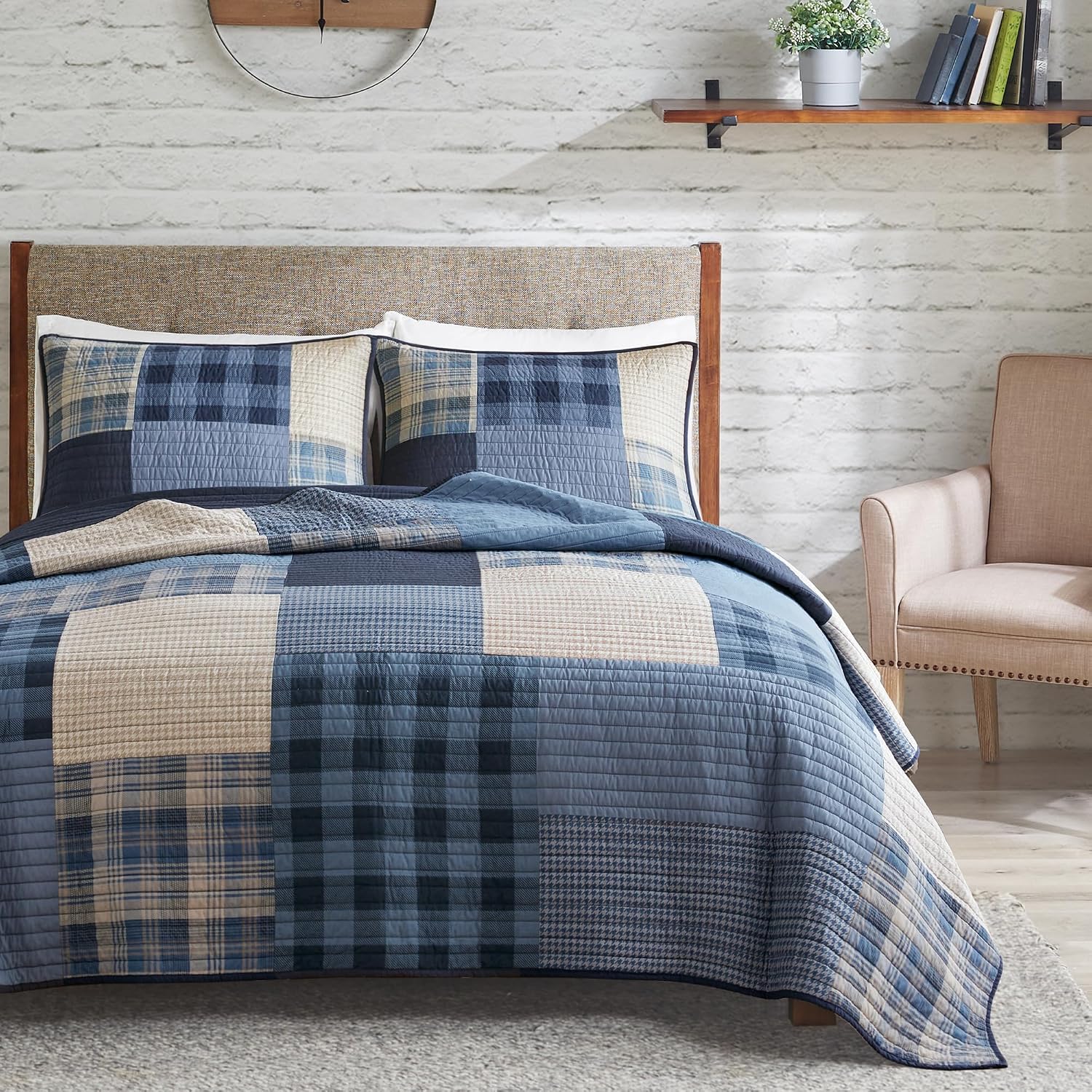 Woolrich Winter Hills Reversible Quilt Set - Cottage Styling Reversed to Solid Color, All Season Lightweight Coverlet, Cozy Bedding Layer, Matching Shams, Oversized Full/Queen, Plaid Blue 3 Piece
