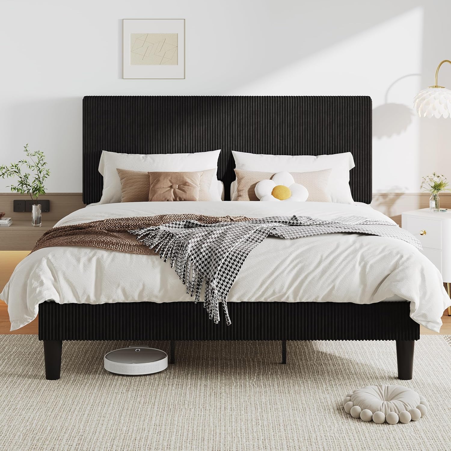 Allewie King Size Upholstered Bed Frame with Vertical Channel Tufted Headboard, Soft Corduroy Fabric Platform Bed, Strong Wooden Slats Support, Easy Assembly, No Box Spring Needed, Black