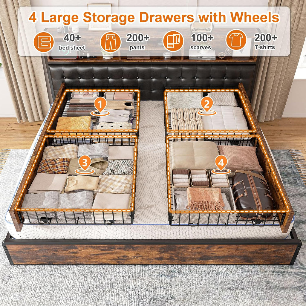 EnHomee King Size Bed Frame with 4 Storage Drawers, King Bed Frame and Headboard with Built in Charging Station,No Noise,No Box Spring Needed,Vintage Brown