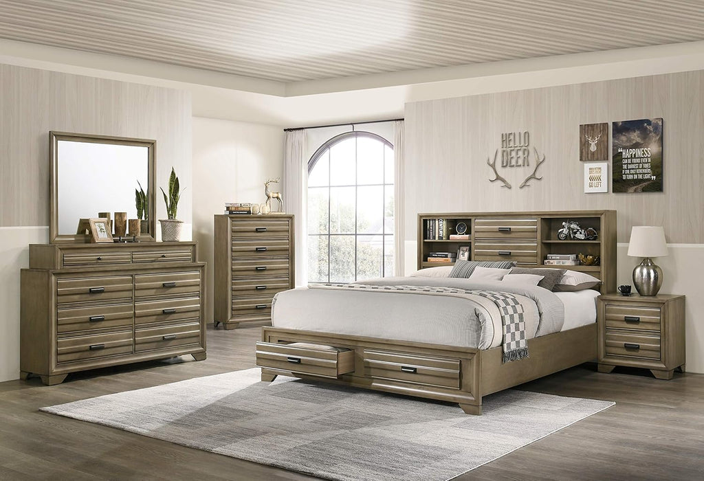 Roundhill Furniture Loiret Wood Storage Platform King Bedroom Set with Dresser, Mirror, Two Nightstands, Chest, Light Gray