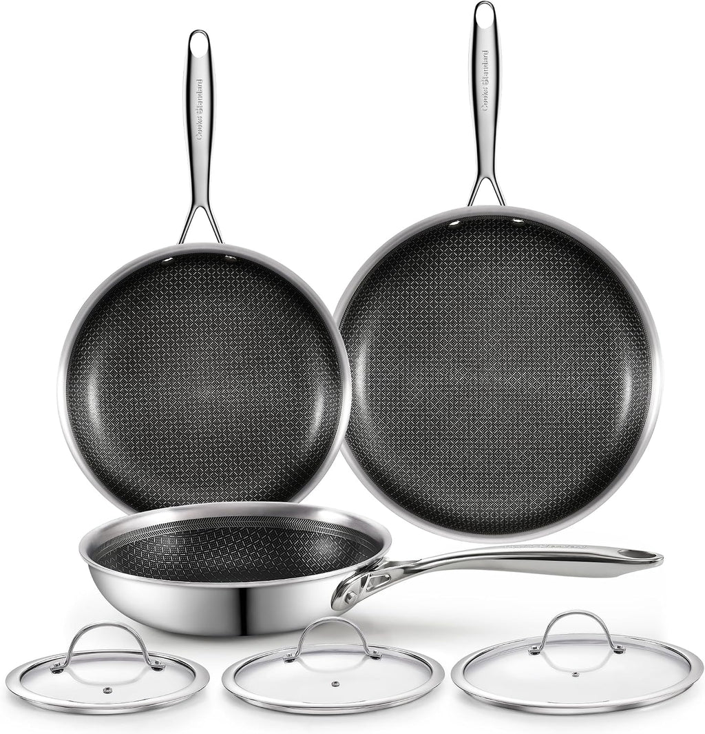 Cooks Standard Hybrid Mutli-Ply Clad 8, 10 and 12 Inch Nonstick Frying Pan, Stainless Steel Skillet with Tempered Glass Lids, Cool Handle, Oven Safe, Compatible with All Stovetops, 3-Piece