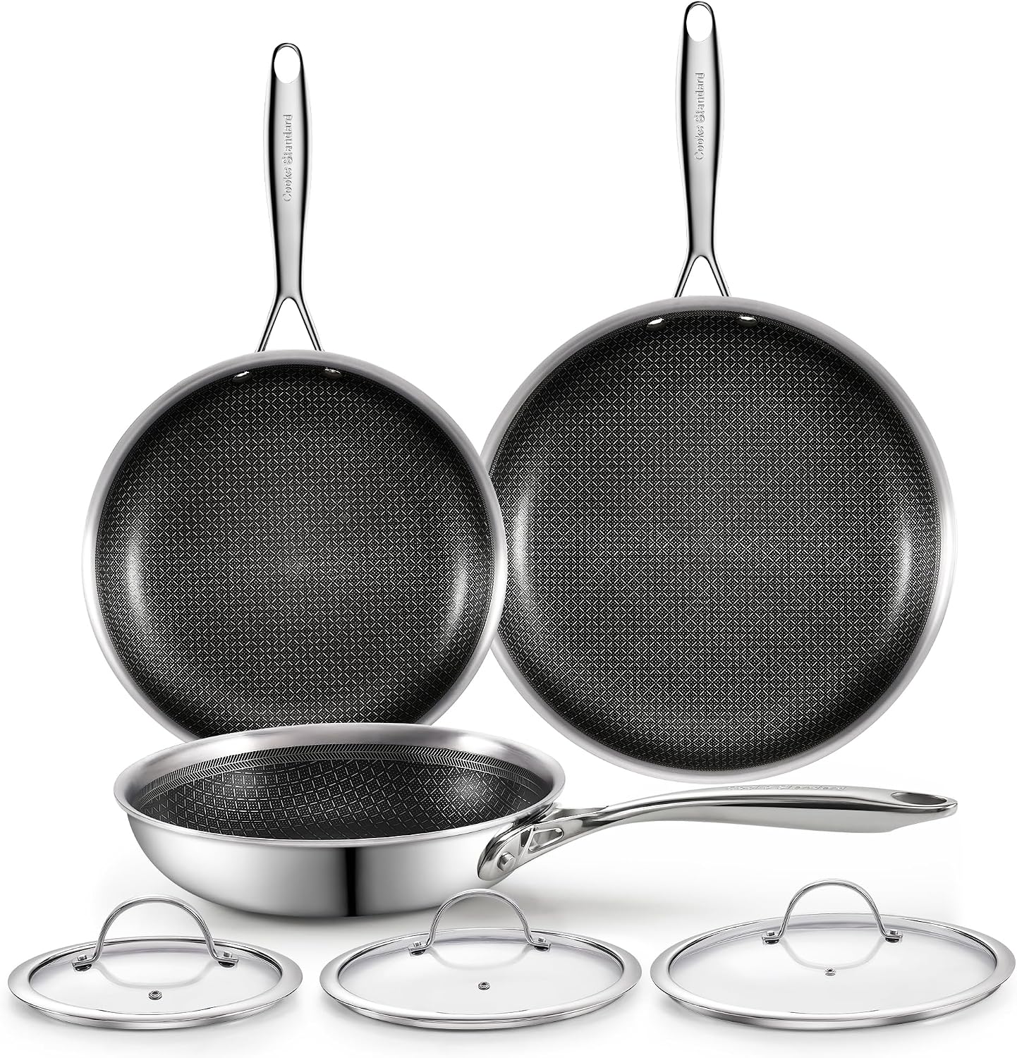 Cooks Standard Hybrid Mutli-Ply Clad 8, 10 and 12 Inch Nonstick Frying Pan, Stainless Steel Skillet with Tempered Glass Lids, Cool Handle, Oven Safe, Compatible with All Stovetops, 3-Piece
