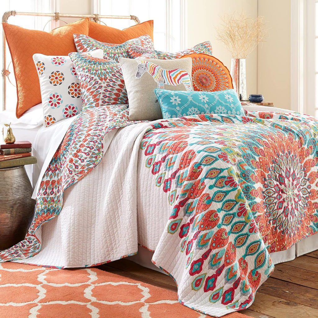 Levtex Home - Mirage Quilt Set - Twin/Twin XL Quilt + One Standard Pillow Sham - Medallion - Teal Orange Red Green Yellow - Quilt (68x86in.) and Pillow Shams (26x20in.) - Reversible - Cotton Fabric